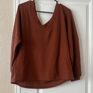 Amaryllis x Ashley Nichols Rust V-Neck Waffle Knit Sweater
